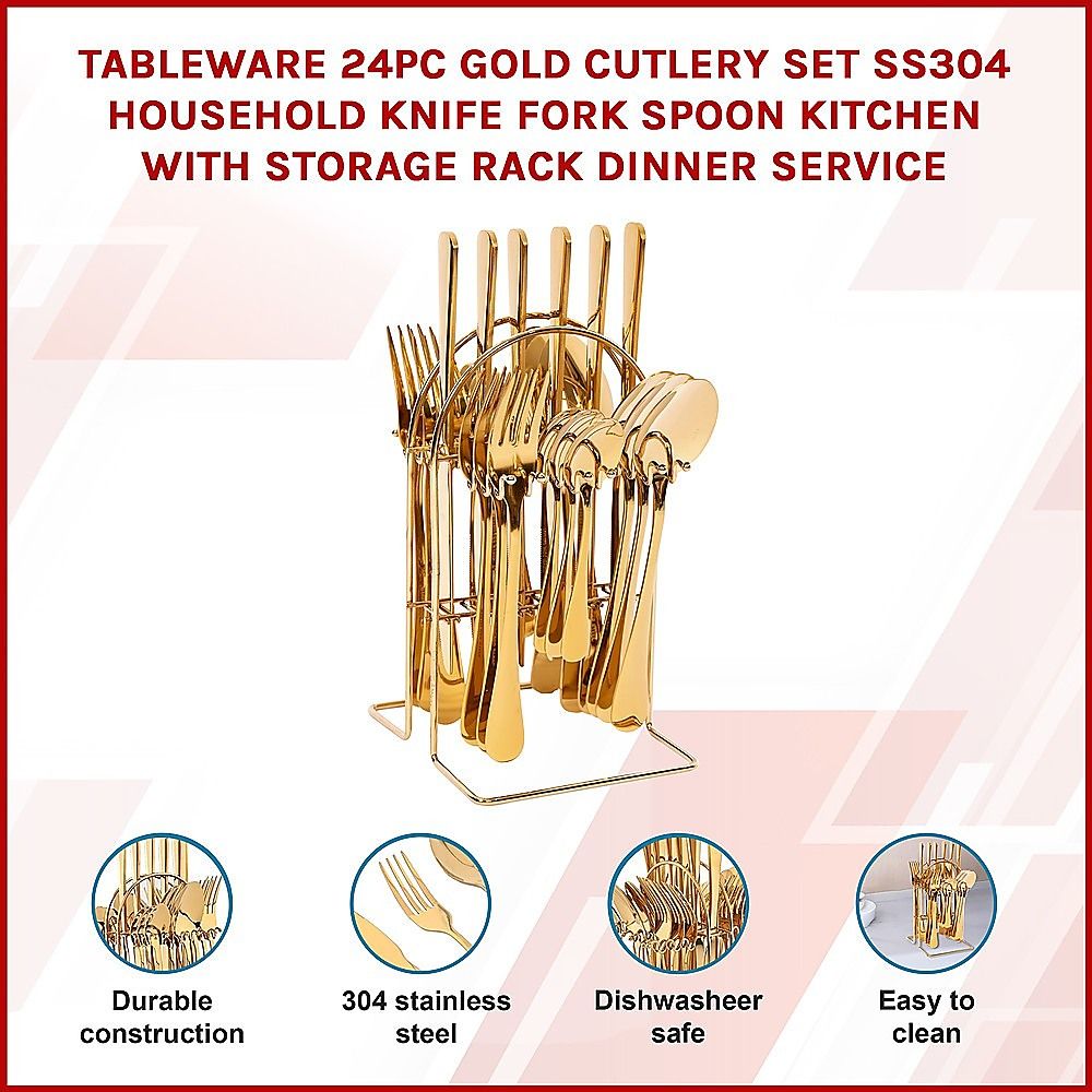 Tableware 24PC Gold Cutlery Set SS304 Household Knife Fork Spoon Kitchen with Storage Rack Dinner Service β image 2