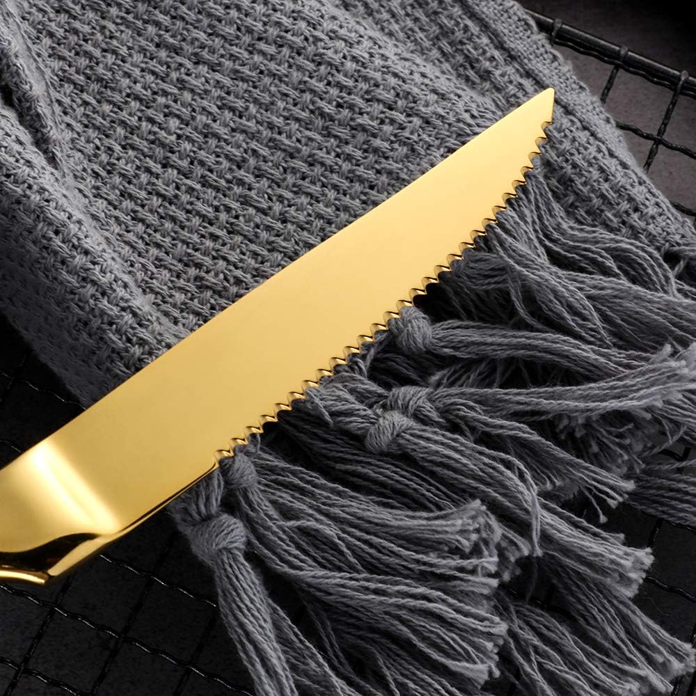 Stainless Steel Serrated Steak Knife Set of 6, BuyGo Gold Color Heavy Duty Dinner Table Knives for Cutting Meat, Beef, 8.6 Inch, Dishwasher Safe — image 3