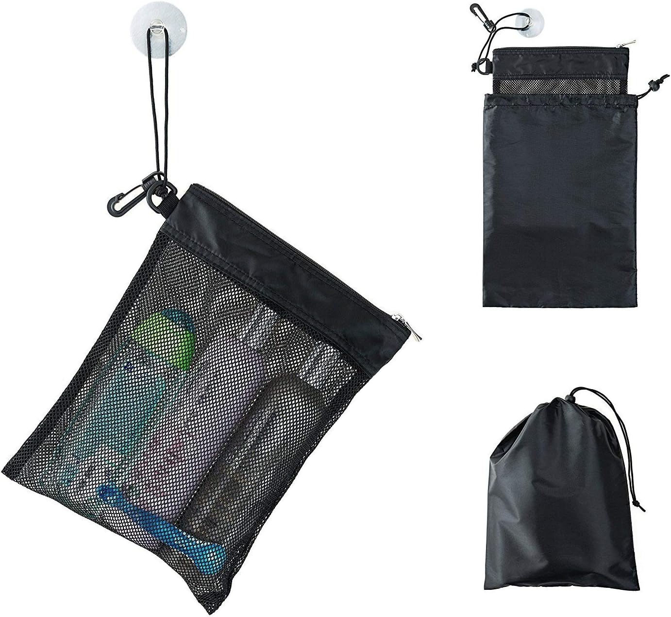 Shower Bag Tote, Mesh Caddy Toiletry Organizer 12”L x 9”W, Compact and Lightweight With Suction Cup, Cord for Hanging, Zipper and Drawstring Pouch 14”L x 10”W