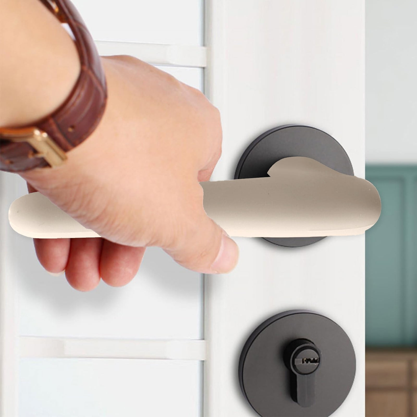 Door Handle Covers, Heavy Duty Door Knob Covers Silicone Door Handle Glove Covers Anti-Static Safety Door Knob Protector for Flat Square Door Levers (Beige/1 — image 4