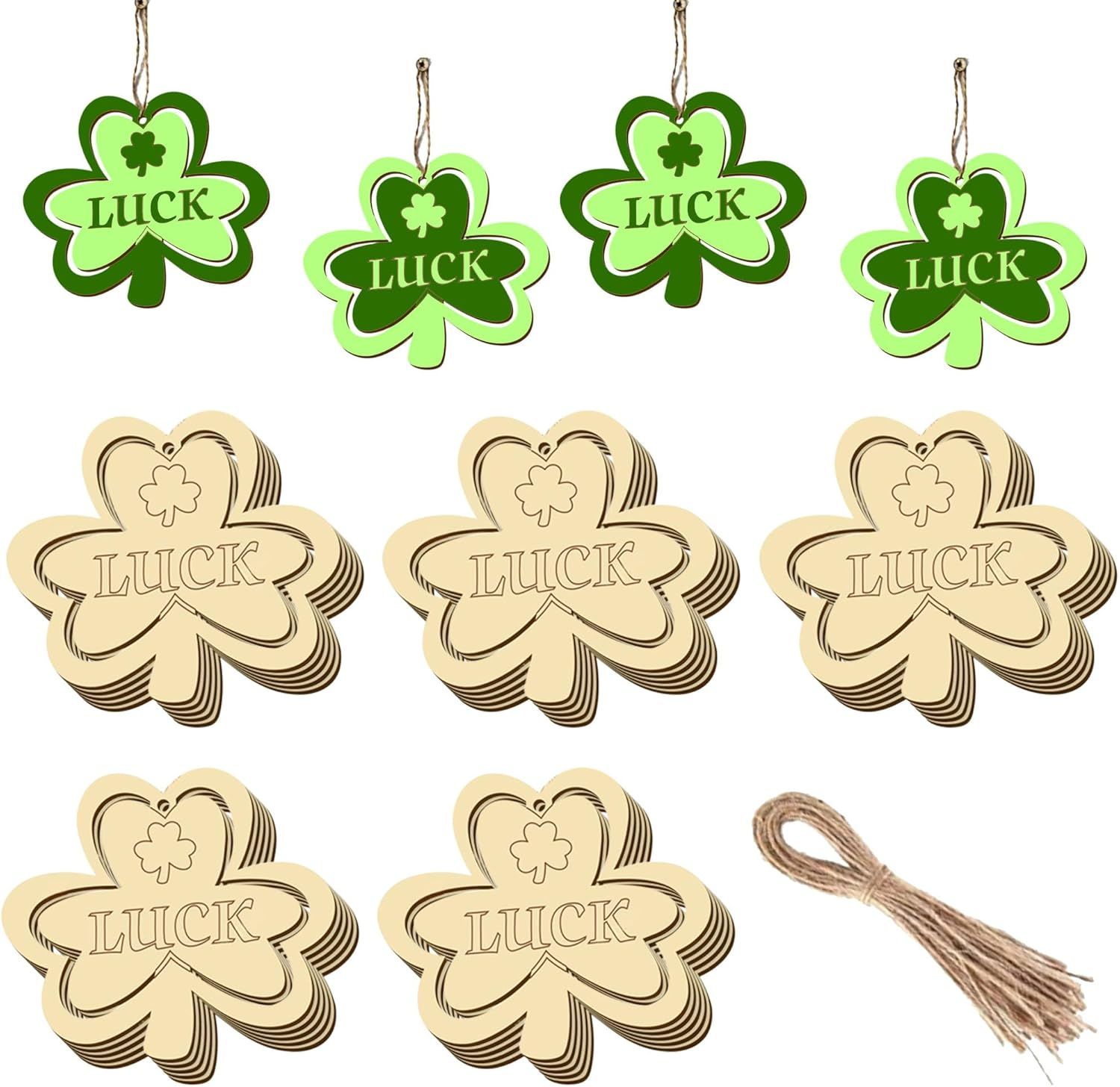 20Pcs Wooden Shamrock Ornaments to Paint, 3.2 Inch St. Patrick's Day Unfinished Wood Shamrock Cutouts, DIY Blank Luck Clover Shape Hanging Ornaments Ropes with