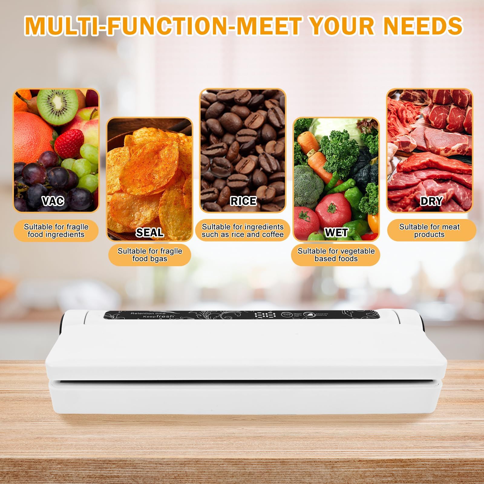 Food Vacuum Sealer Machine, 60KPA Strong Suction, Dry/Wet Modes, 20 Vacuum Seal Bags for Food, Digital Countdown Timer, Compact Lightweight, Ideal for Home — image 2
