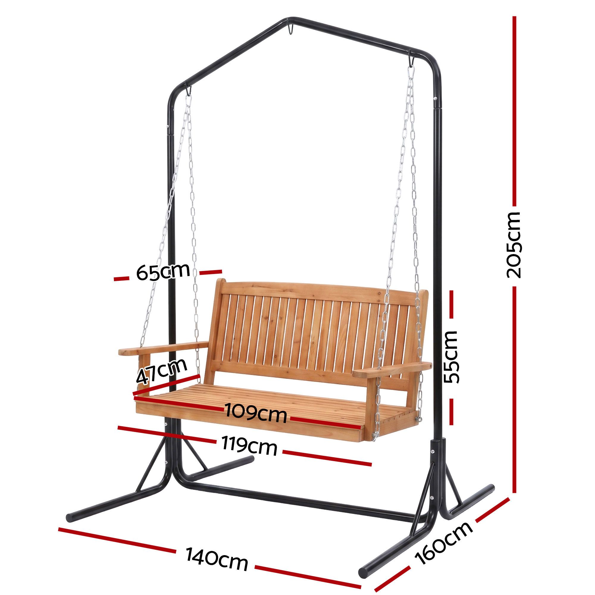 Gardeon Wooden 2-Seater Outdoor Swing Chair with Black Stand Hanging Chair Patio Furniture — image 2