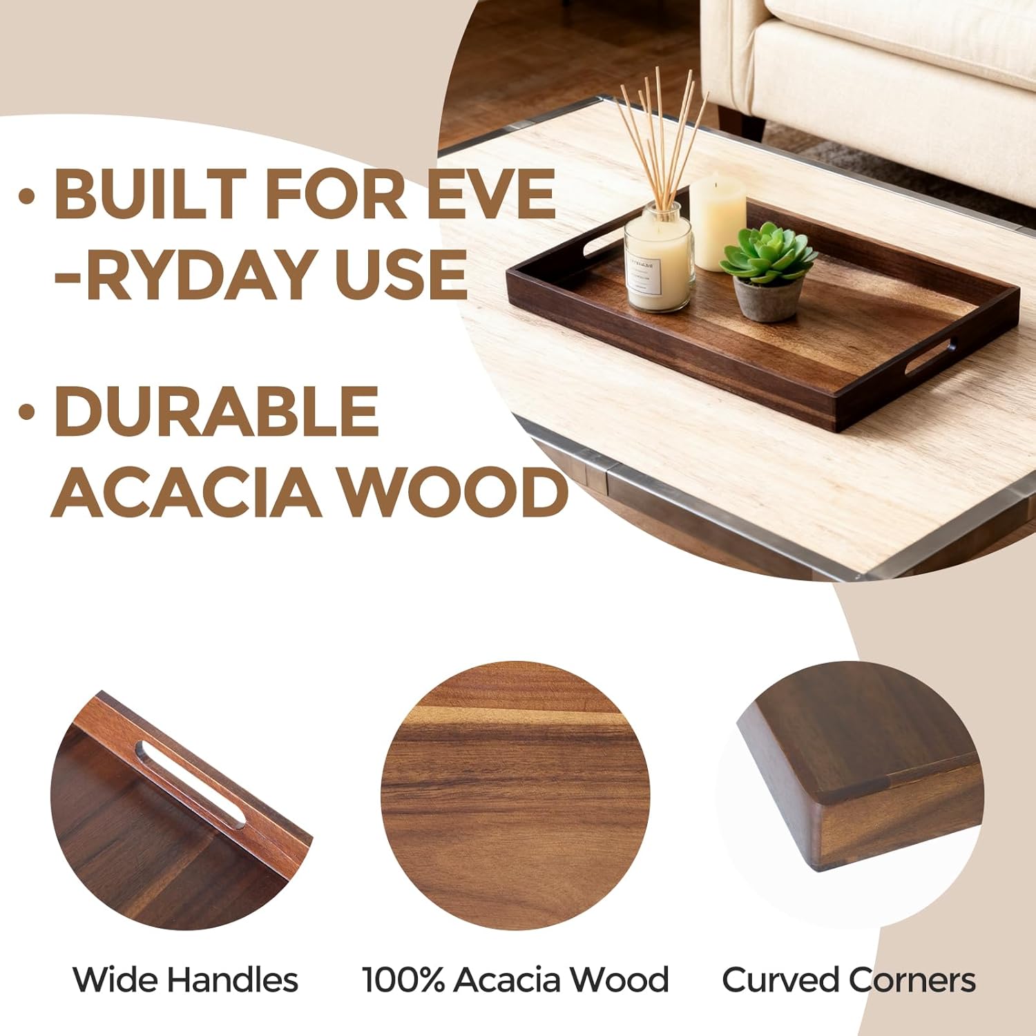Acacia Wood Serving Tray with Handles, 17 Inch Wooden Tray for Ottoman, Breakfast, Lunch, Dinner, Decorative Rectangular Tray for Living Room, Kitchen Counter — image 5