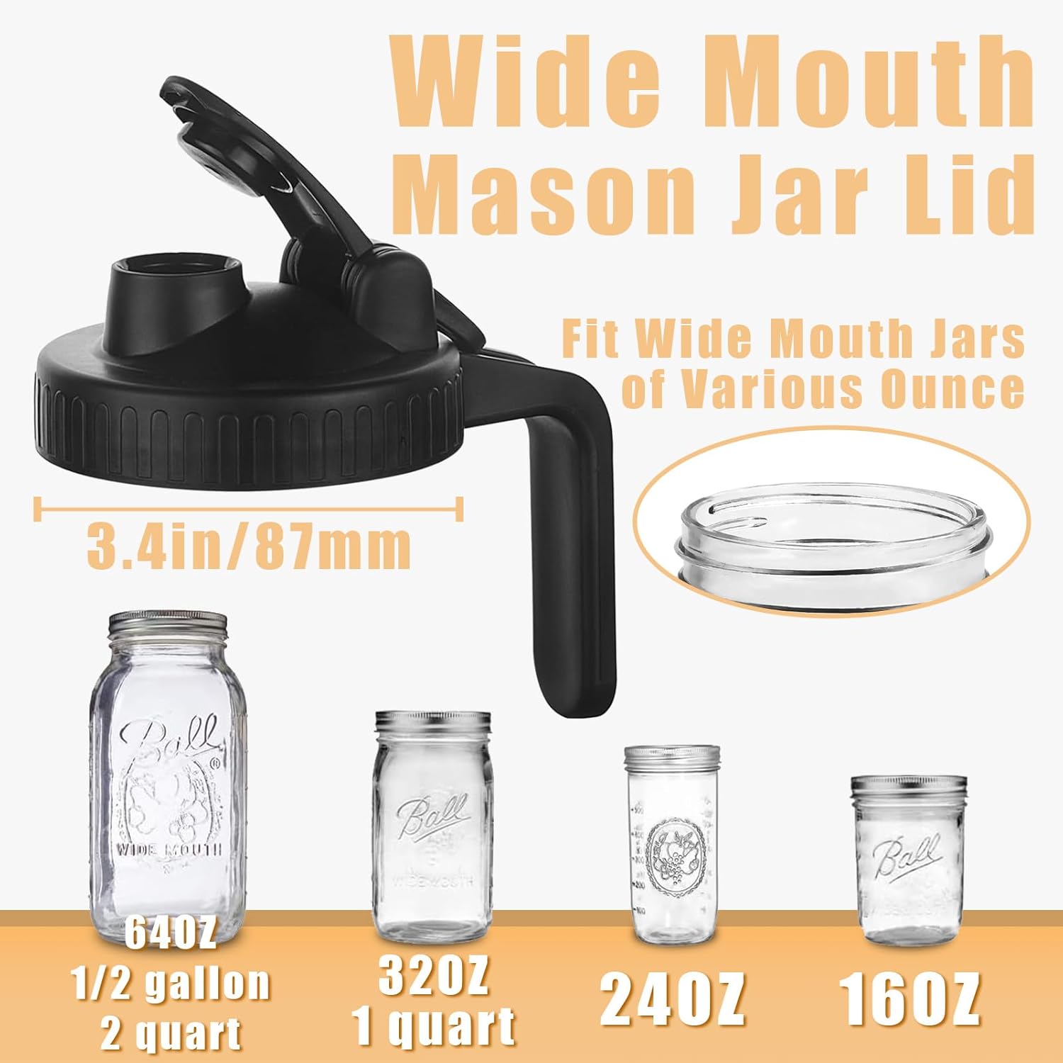 Mason Jar Pour Spout Lid for Wide Mouth Mason Jars, Mason Jar Pitcher Flip Cap Airtight Handle Lid, Leak Proof Seal Cover, Pack of 2 — image 2