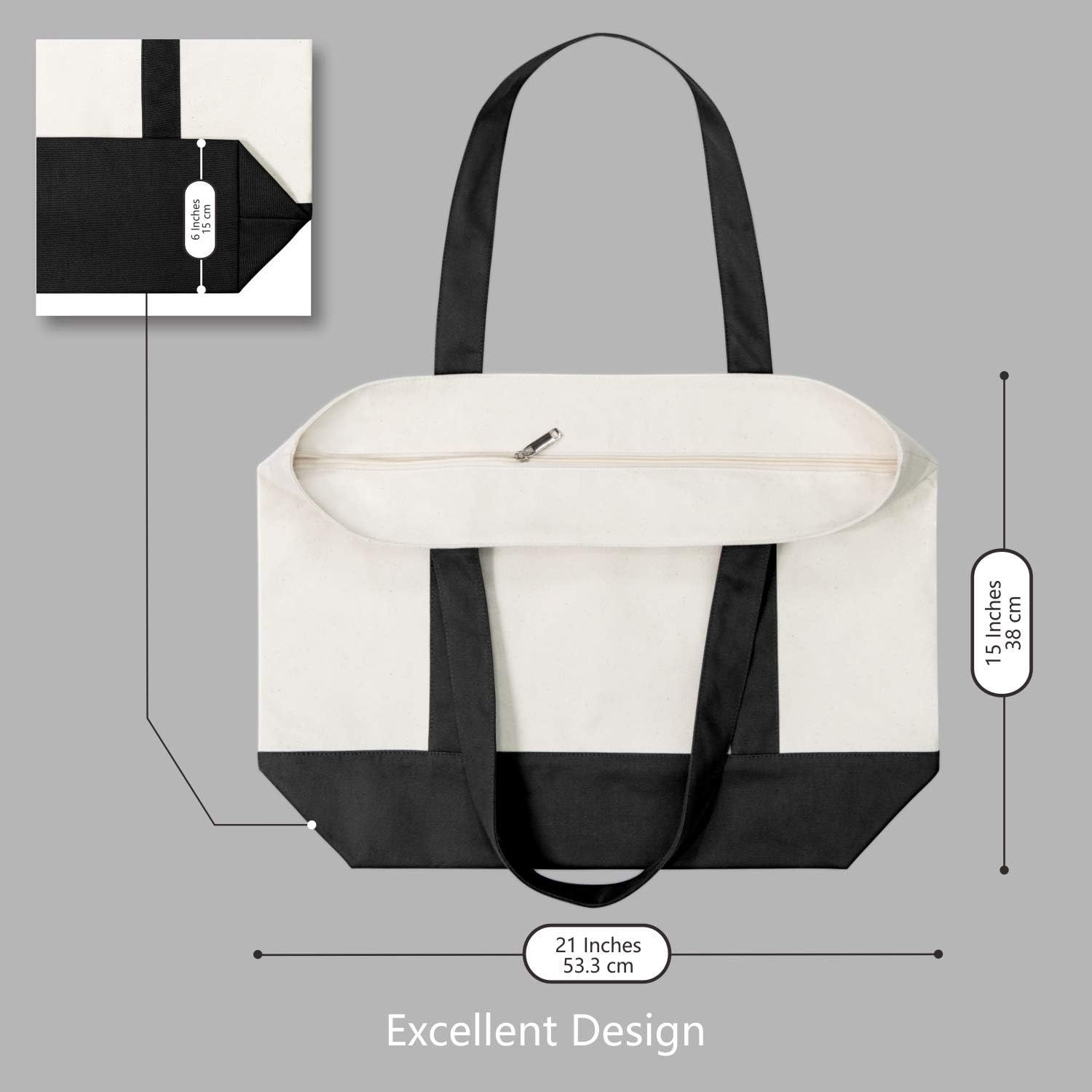 1 | 3 | 6 | 30 Pack Canvas Tote Bag with an External Pocket, Reusable Grocery Shopping Bag, Top Zipper Closure, Daily Essentials (Black/Natural Pack of 1) — image 3