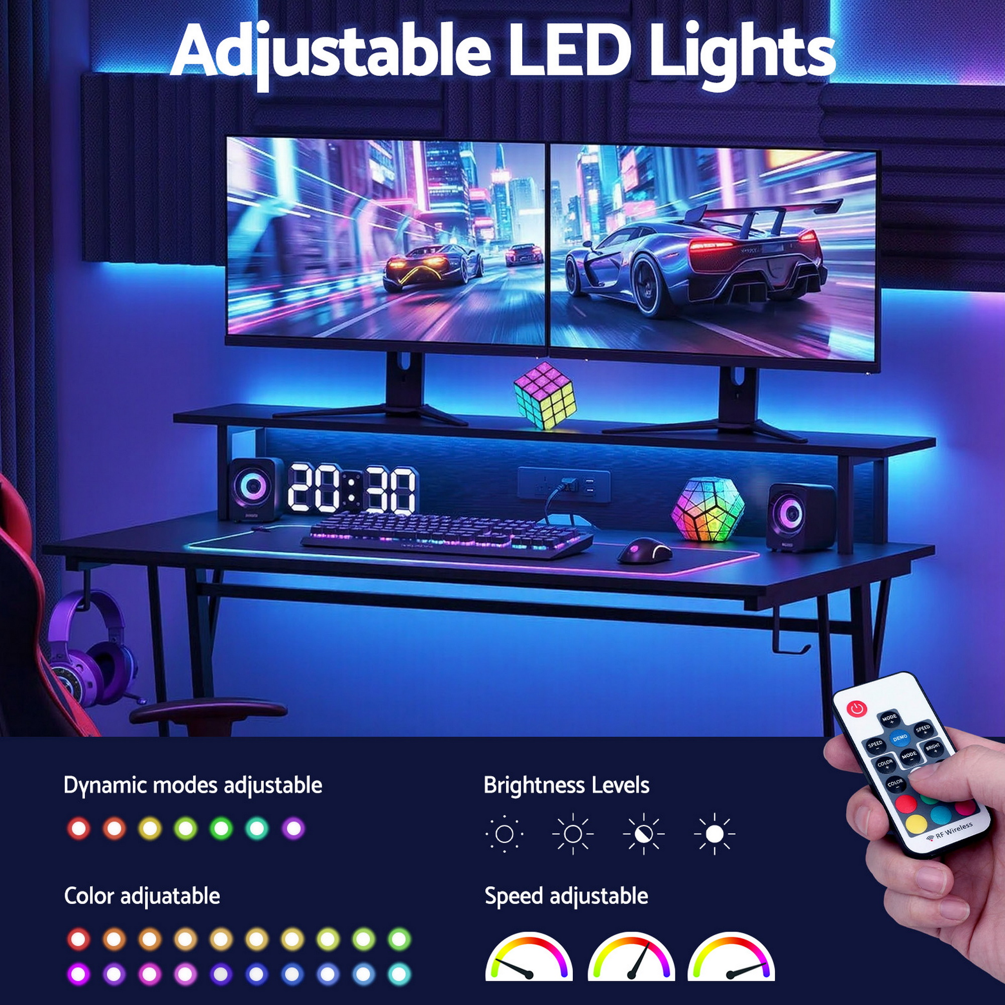 Artiss Gaming Desk with LED Lights Computer Desk Table with Monitor Shelf Power 120cm — image 5