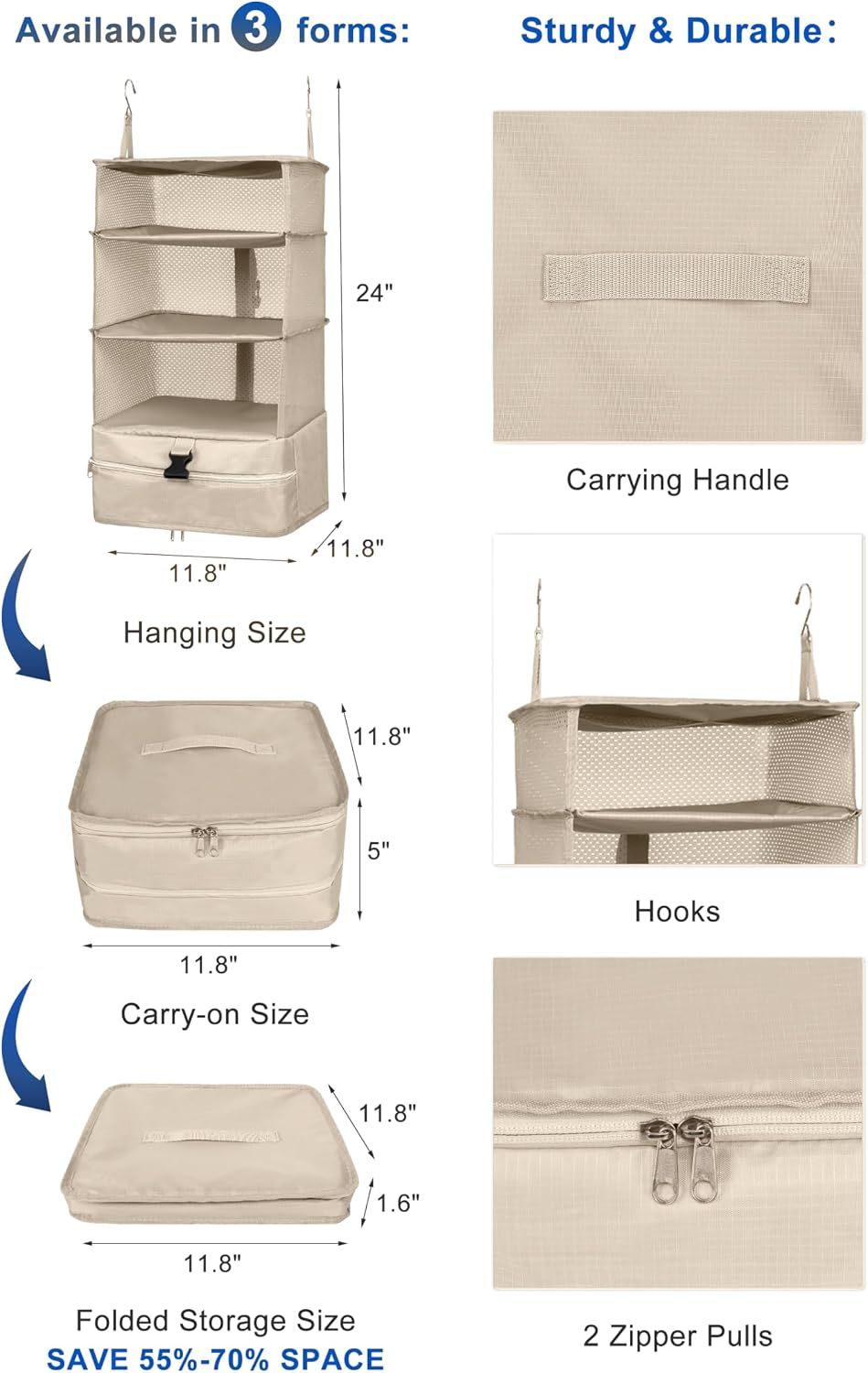 Hanging Packing Cube Clothing Organizer Beige, 30 x 61 cm โ image 3