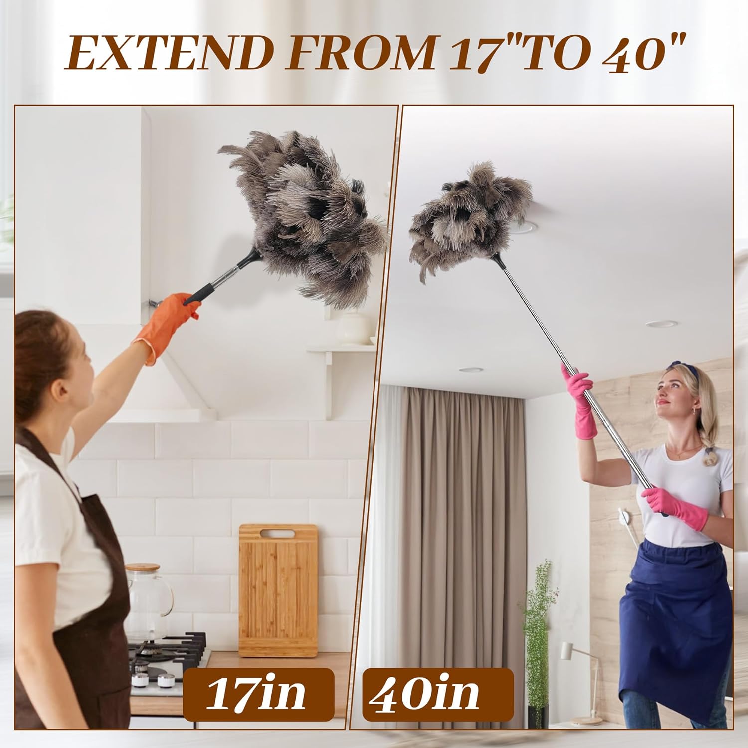 40 inches Extendable Ostrich Feather Duster， Fluffy Long Handle Reusable Duster for Cleaning Ceiling Fans, Pendant Lamps, High Ceilings, Blinds, and Furniture — image 3