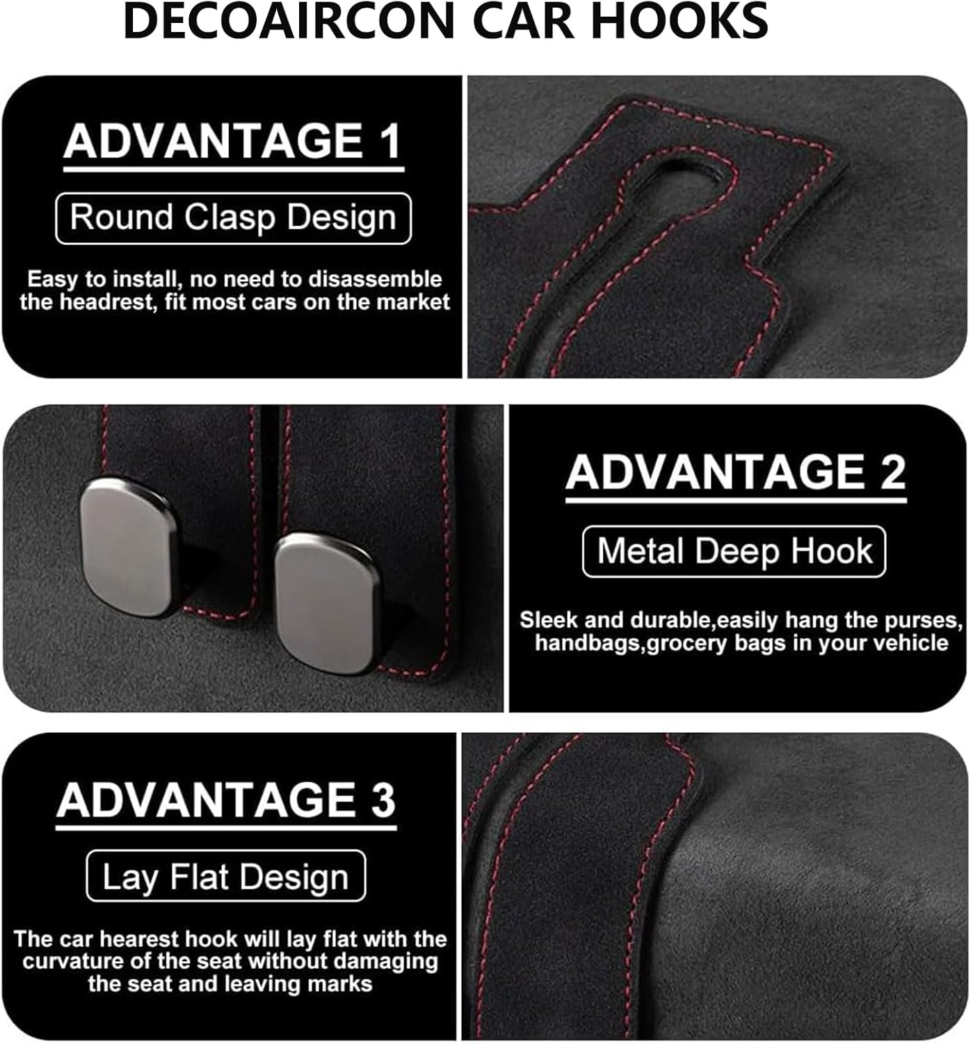 2 Pack Car Hooks for Headrest, Headrest Hooks Car Purse Hook Car Seat Back Storage Hook Premium Leather Car Seat Holder for Headrest Purses and Bags (Black) — image 4