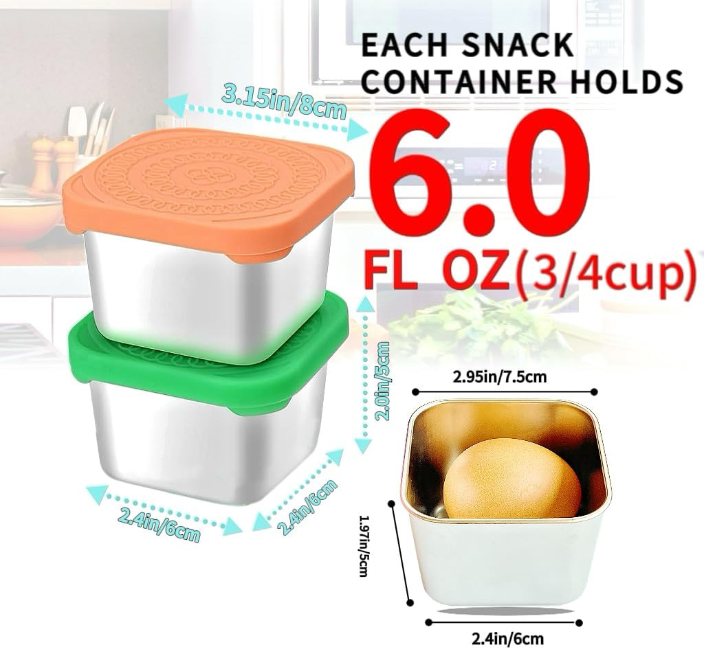 12Pack 6oz Stainless Steel Snack Containers and 2oz Salad Dressing To Go Containers with Silicone Lids, Reusable Square Meal Prep Condiment Sauce Containers