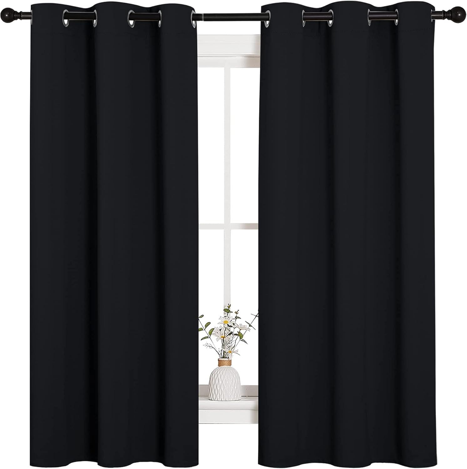 2 Pack Blackout Curtains for Bedroom, Thermal Insulated Grommet Drapes for Light Blocking, Noise Reduction and Kitchen Windows, Black, 106.7 x 160 cm