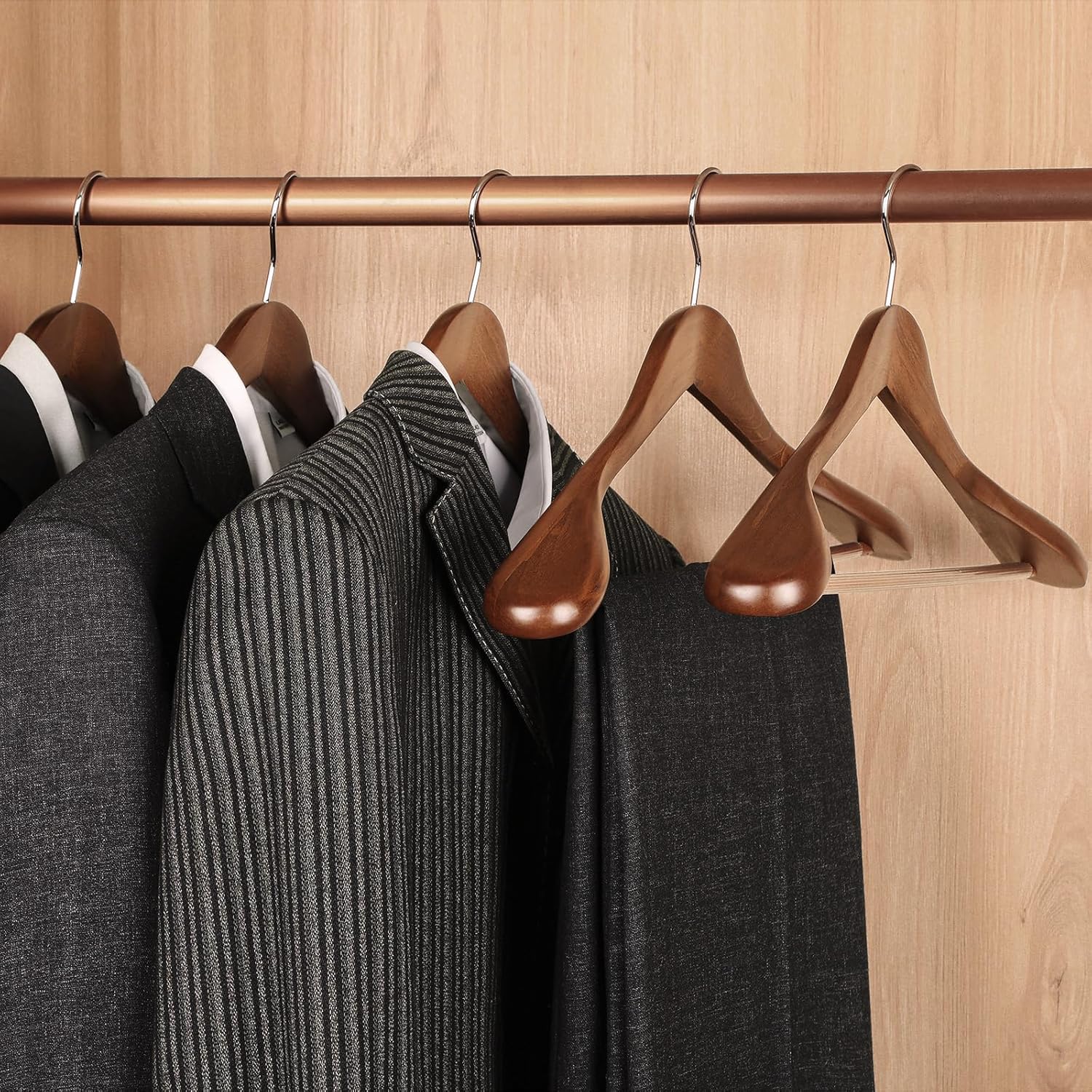 TOPIA HANGER Wide Shoulder Wooden Hangers, Suit Hangers with Non Slip Pants Bar & 360° Swivel Hook, Solid Wood Heavy Duty Coat Hanger, 6 Pack (Walnut)-CT02WA — image 5