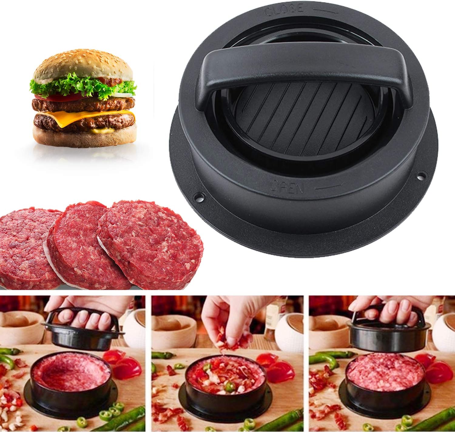 Burger Press, Hamburger Press Patty Maker With 100Pcs Hamburger Patty Paper, 3 in 1 Non Stick Patty Mold for Stuffed Burgers, Sliders, Veggie Beef Burger — image 4