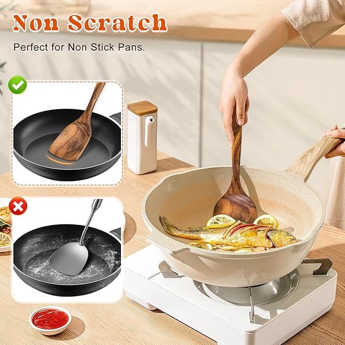 2Pcs Wooden Spatula, Acacia Solid & Slotted Turner Spatula Set, Long Handle Flat Frying Spatulas, Ideal Kitchen Gift for Mother and Grandma, Kitchen Utensils — image 5