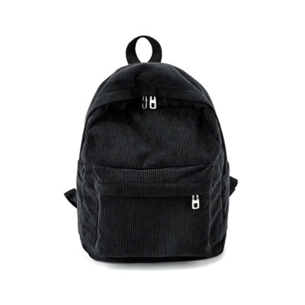 Corduroy Backpack, 14 Inch Cute Backpack Aesthetic Casual Striped Bookbag Lightweight Corduroy Book Bag for Travel (Black)