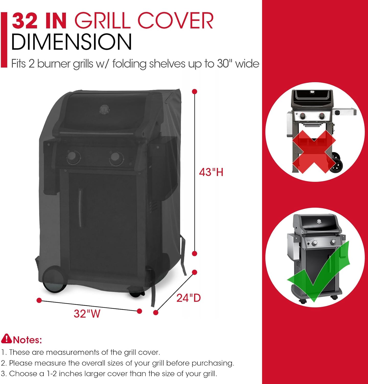 32 Inch Small Grill Cover, Heavy Duty Waterproof 2 Burner Gas BBQ Cover, Compatible with Weber Char-Broil Nexgrill KitchenAid Grills with Both Side Tables — image 2