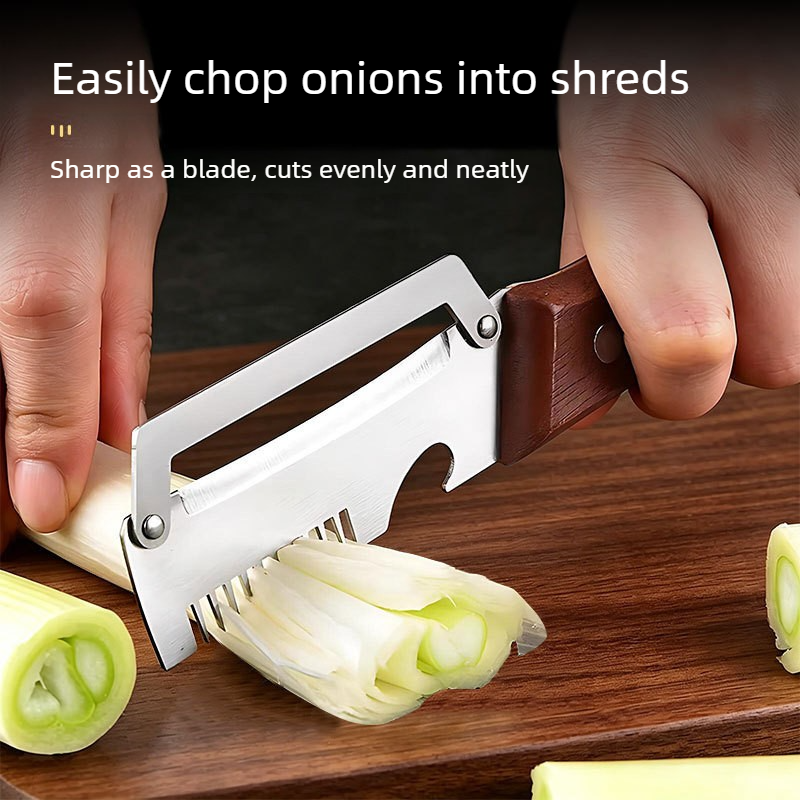 2 Pack Multi-functional Stainless Steel Peeler Set, Wooden Handle Vegetable Peeler & Scallion Slicer with Bottle Opener for Kitchen — image 2
