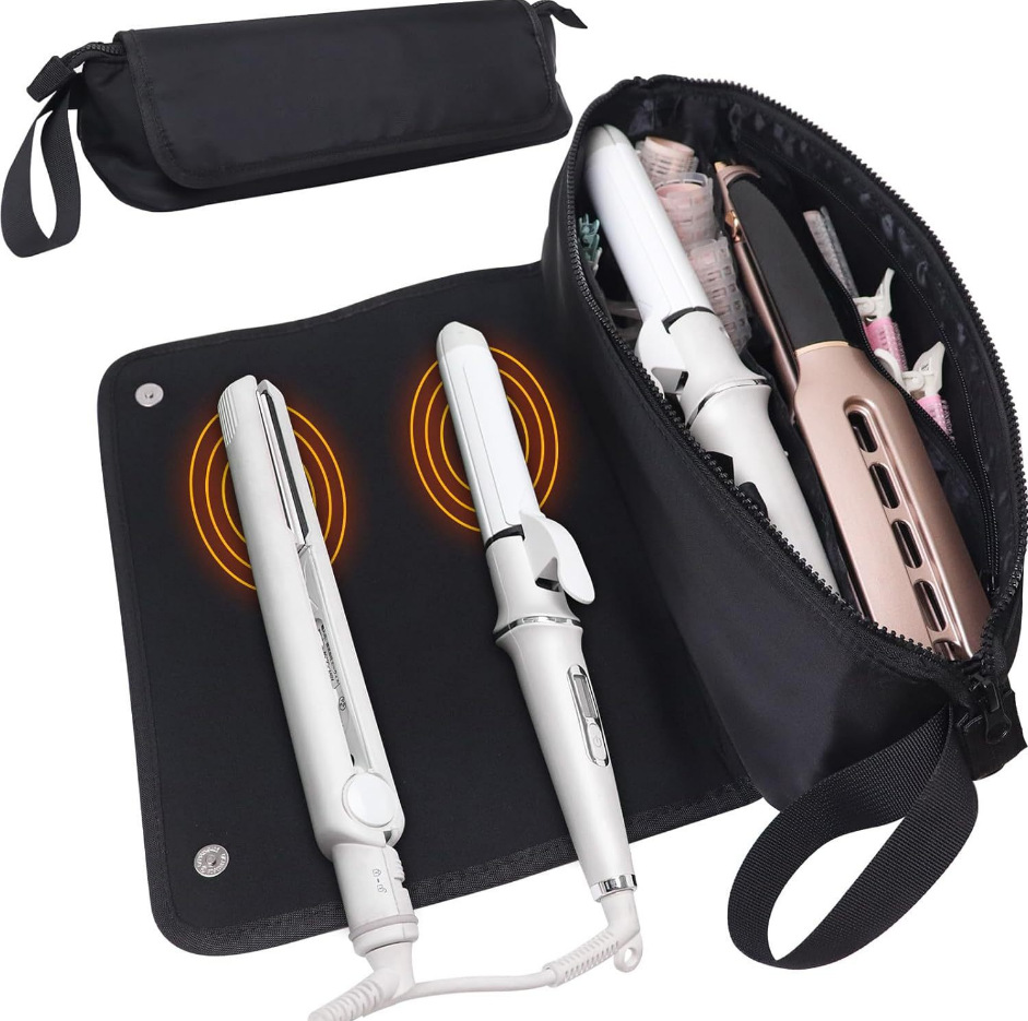 Black Premium Insulated Roll-Up Travel Case for Hair Styling Tools & Blow Dryers with Muti-Pockets (18x5.5x5 Inch)