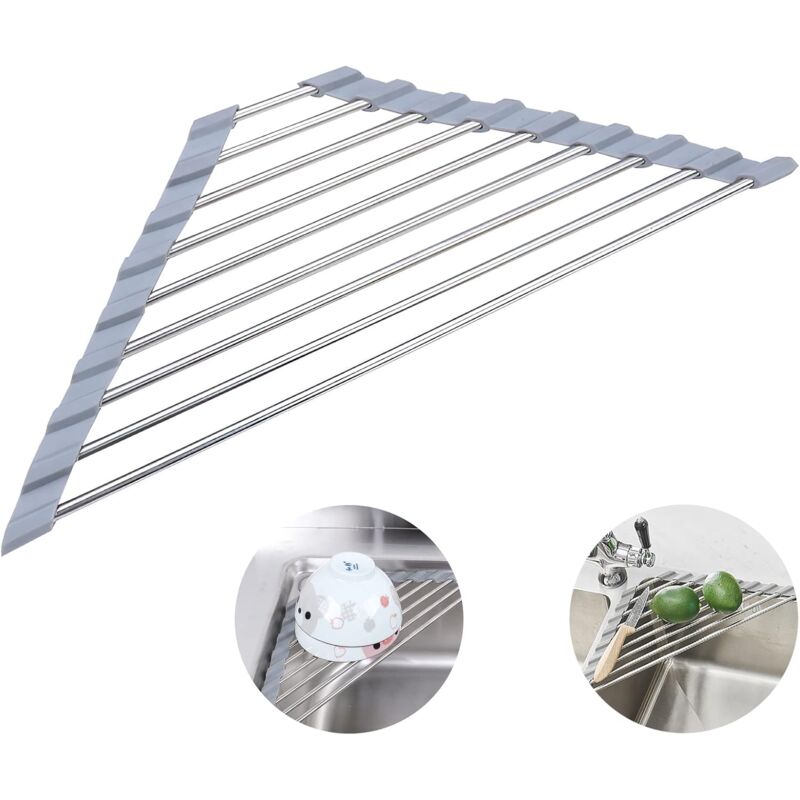 2 Pack Stainless Steel Foldable Triangular Drainer Rack For Kitchen Sink Non-Slip Grey — image 3