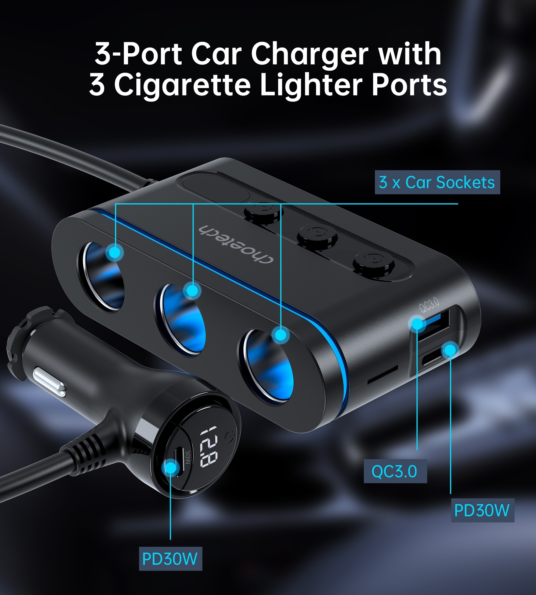 CHOETECH TC0021 3 Sockets 2C+1A Cigarette Lighter Splitter Black โ image 6