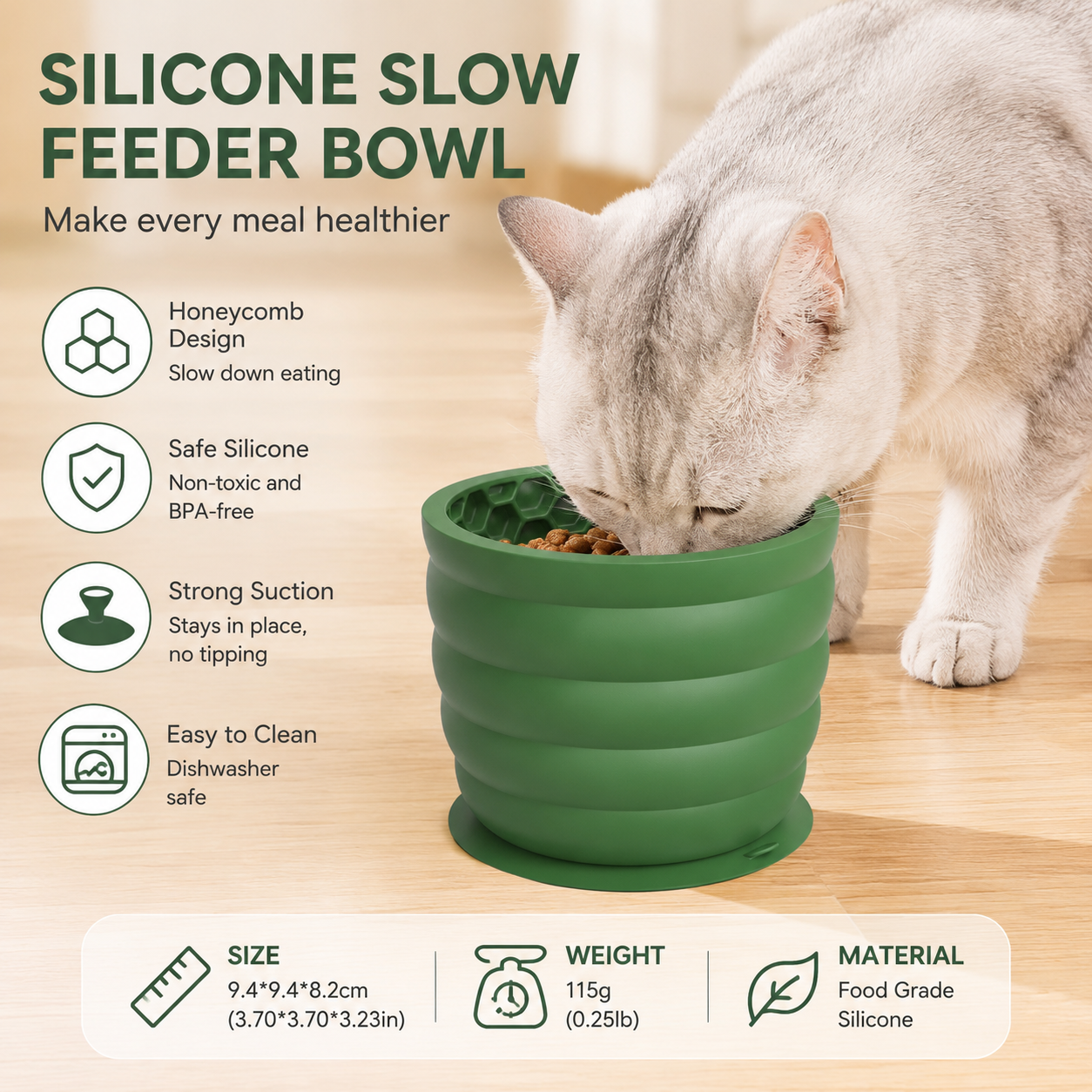 Silicone Slow Feeder Dog Bowl - Small Green 9.4 x 8.2 cm, Suction Base, Anti Gulp Design, Easy Clean Pet Bowl for Dogs and Cats โ image 2