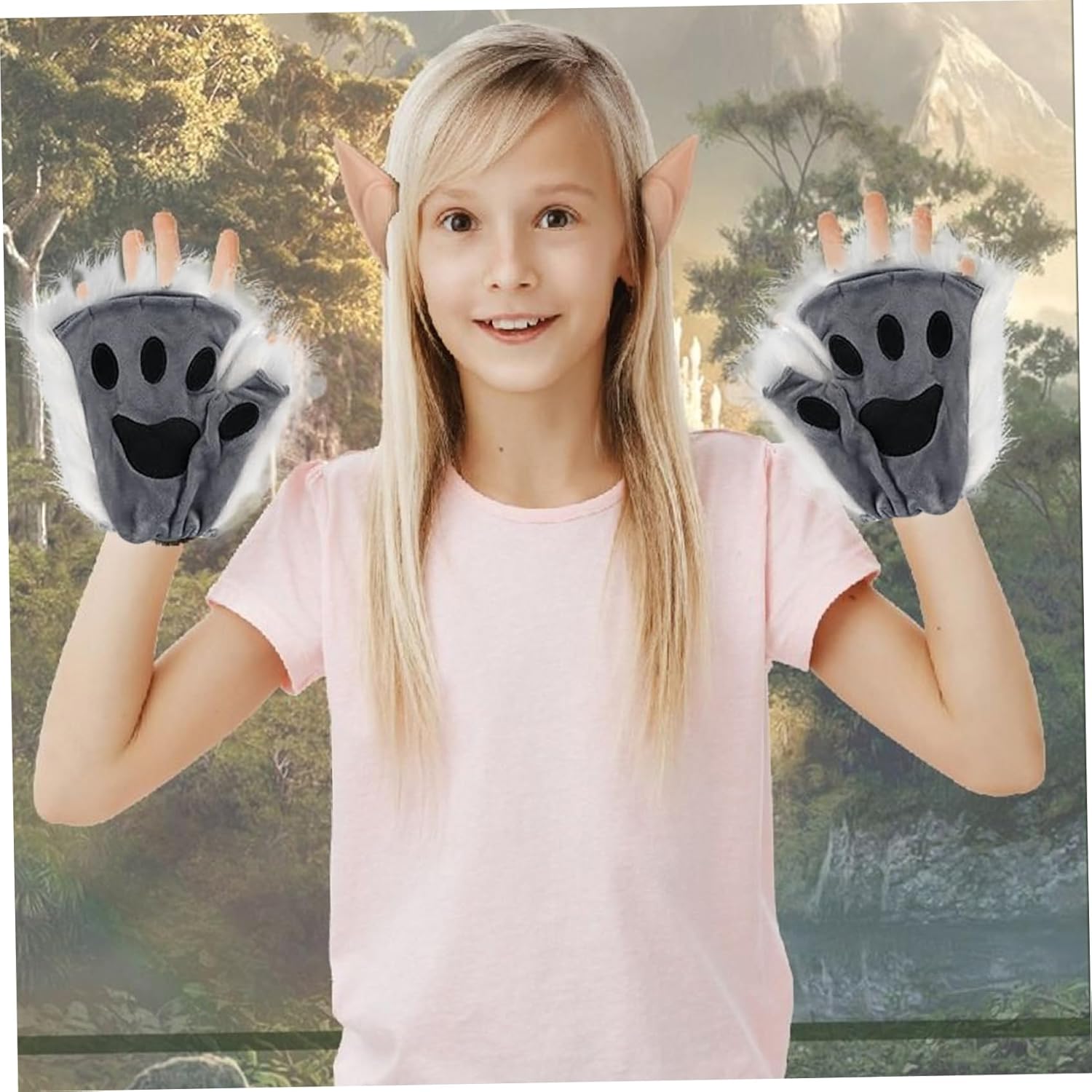 Therian Paws, Cat Paw 1 Pair Half Finger Therian Paws Cute Embroidered Fur Paws Decorative Realistic Paw Gloves for Kids Adults Cosplay Stage, Black Gray — image 3
