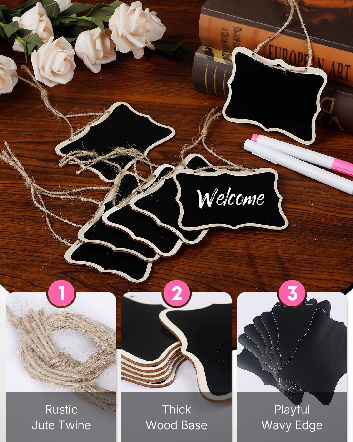 24 Pack Mini Chalkboard Signs for Food, Small Chalkboard Signs with Strings Chalk Markers & Replacement Stickers, Hanging Chalkboards Sign Reusable Wooden Food β image 3