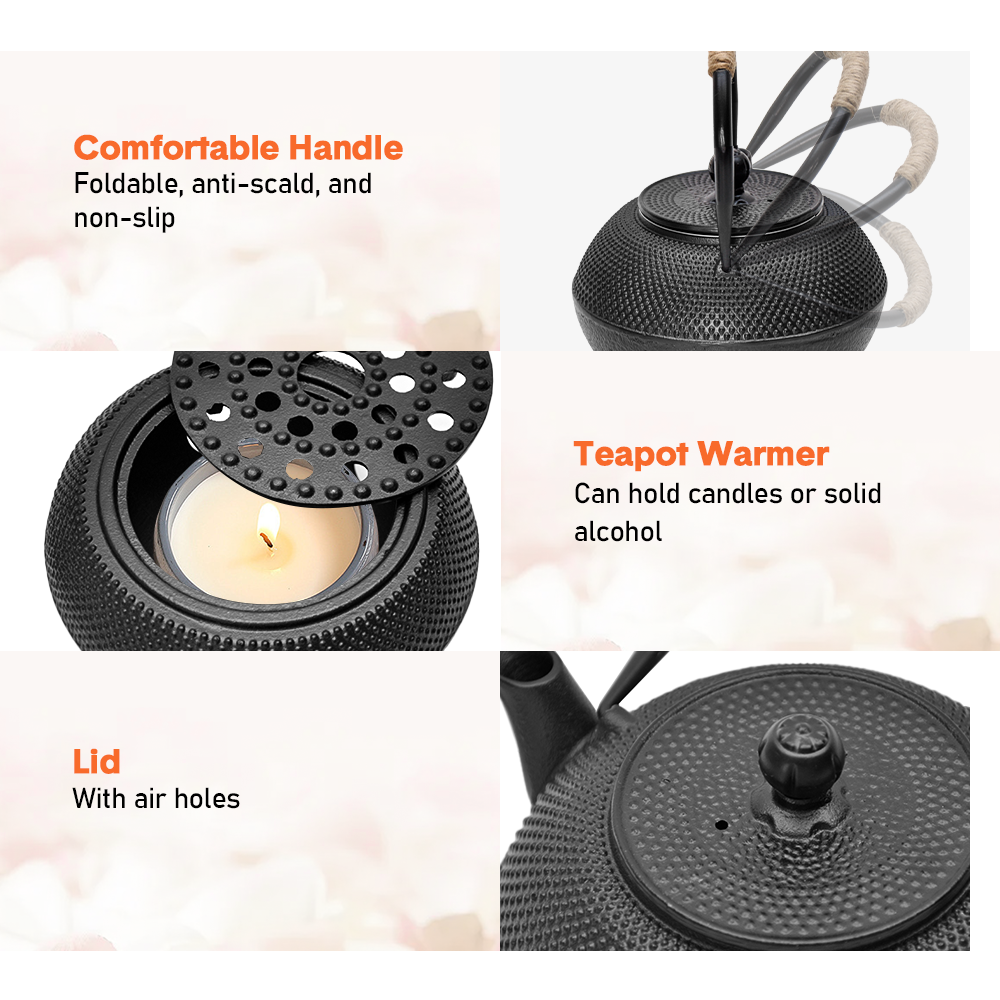 1.2L Cast Iron Teapot and Warmer Set Tea Kettle Iron Bottle With Stainless Steel Mesh Infuser and Anti-Scald Handle Compatible with Multi-Heat Source Black — image 3