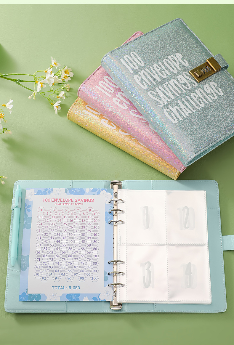 100 Envelope Savings Challenge Binder with Password Lock Holographic Yellow A5 Cash Stuffing Budget Planner Book Money Organiser for Couples (Glitter โ image 6
