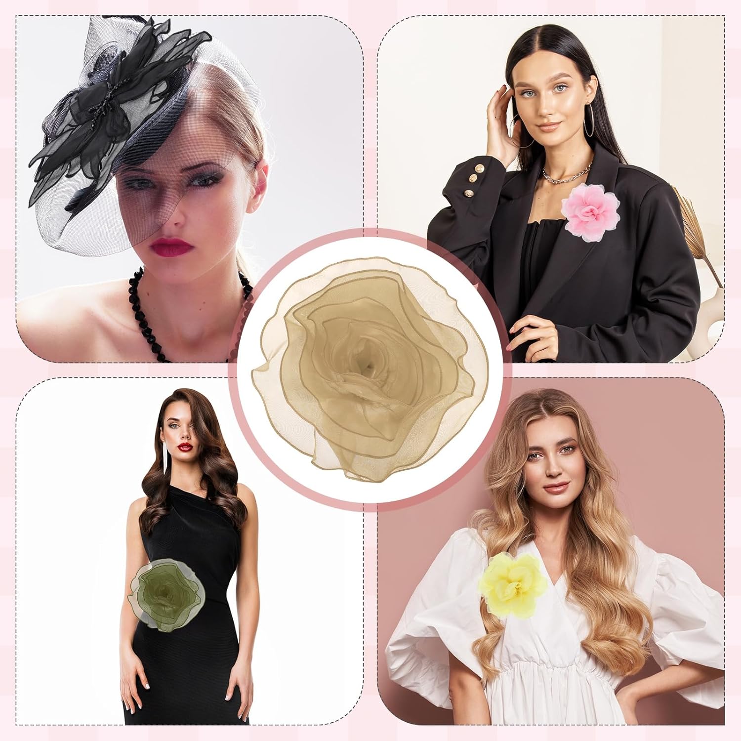 Large Satin Fabric Flower Brooch for Women Organza Elegant Floral Pins Brooches Wedding Dance Party Clothes Dress Hat Accessories Green, Khaki โ image 5