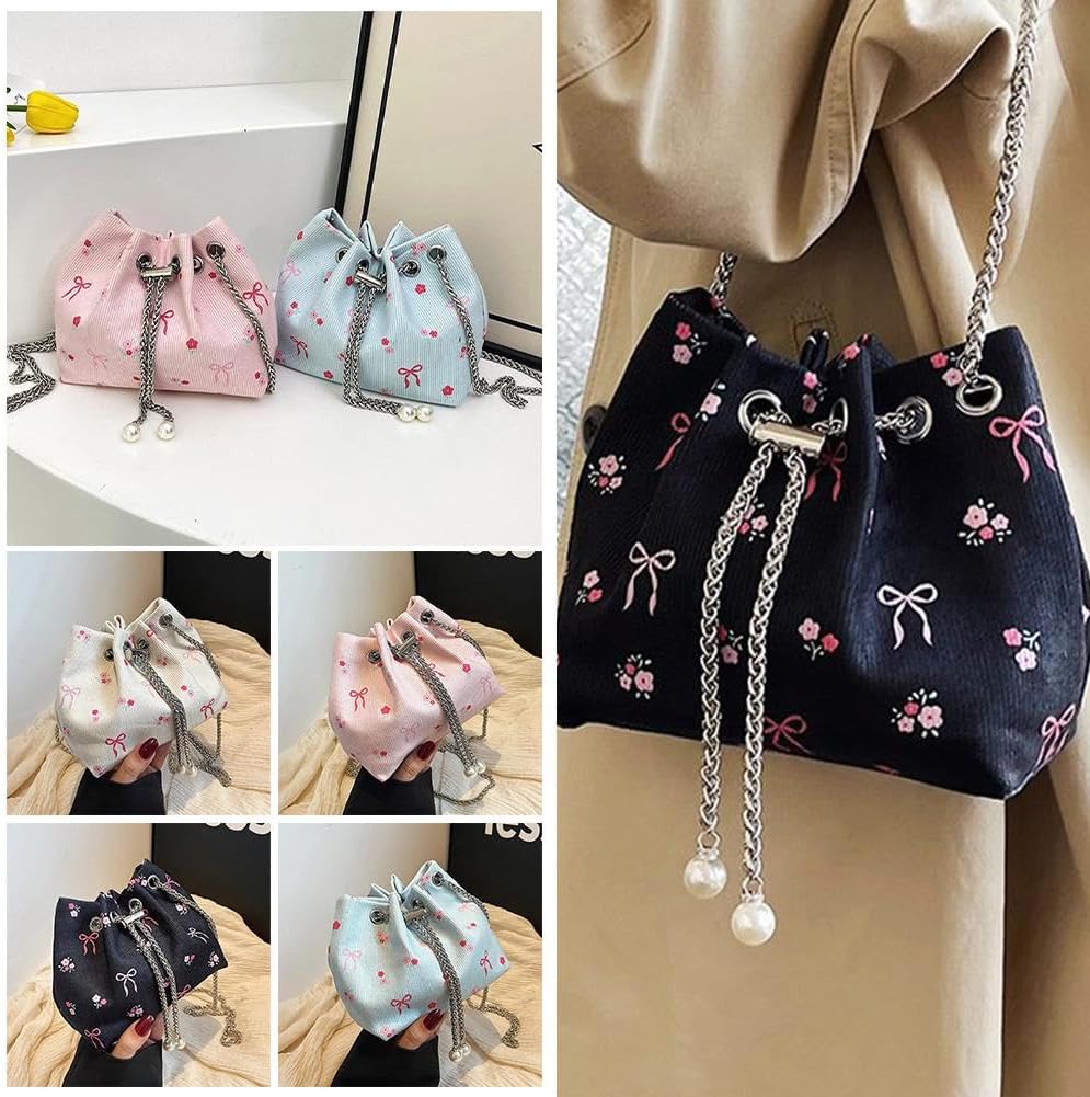 Drawstring Crossbody Bag for Women,Flower Chain Drawstring Mini Bucket Handbags — image 3