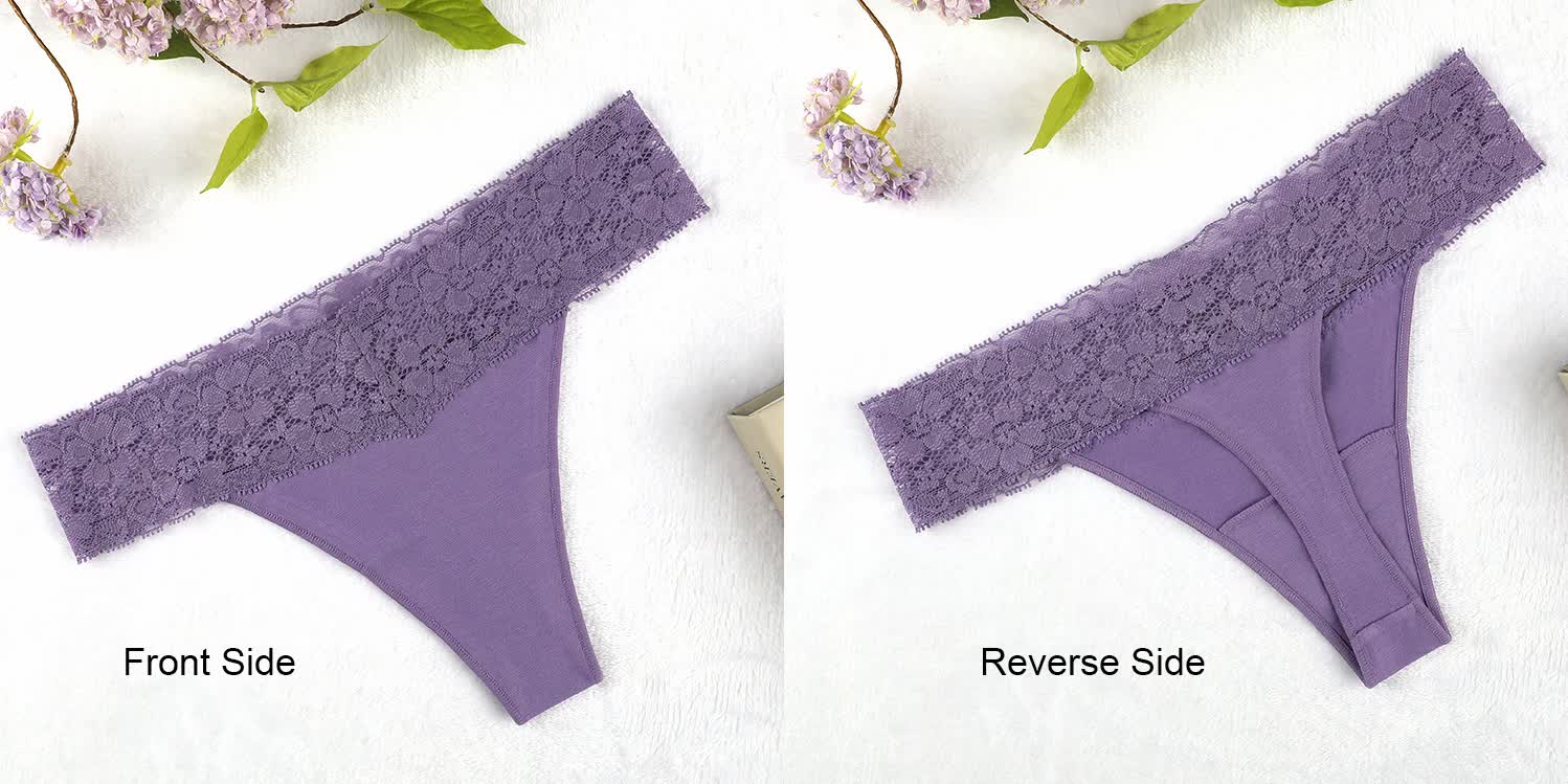 Size S Lace-Trimmed Thong Underwear -4-Pack in Ecru Olive, Violet, Black and White โ image 6