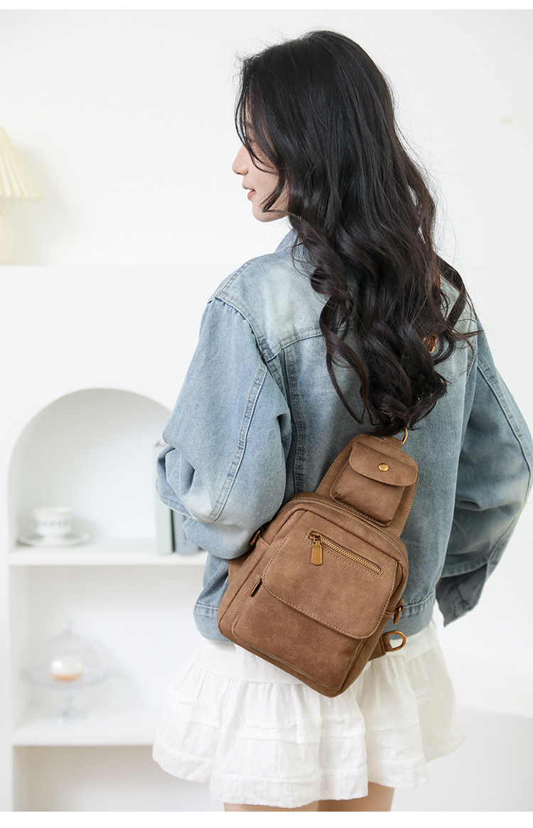Coffee Stylish PU Leather Sling Crossbody Bag for Women - Multi-Pocket Chest Pack with Adjustable Wide Strap โ image 5