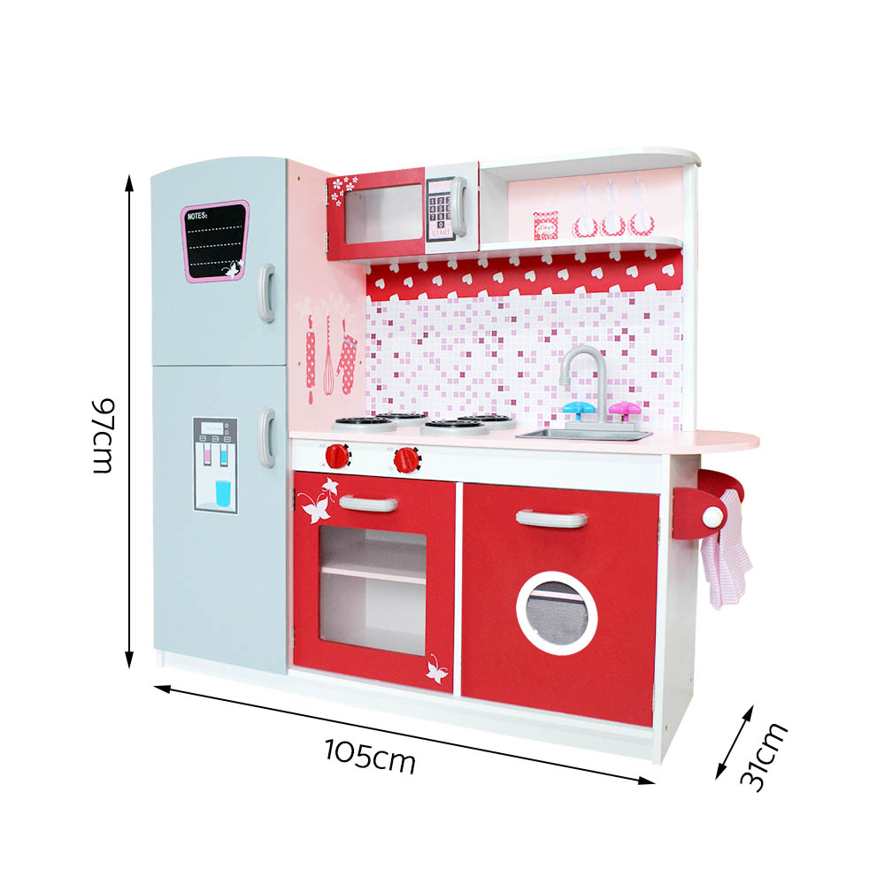 Keezi Kids Kitchen Play Set Wooden Pretend Toys Cooking Children Fridge Oven Red โ image 2