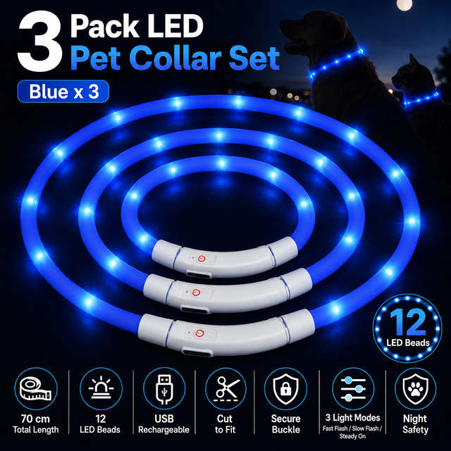 3PCS Blue USB Rechargeable LED Pet Collar Set – 70cm Cuttable Silicone Glow Dog Collar with 12 LED Beads, 3 Flash Modes and Secure Buckle Design, Night Safety
