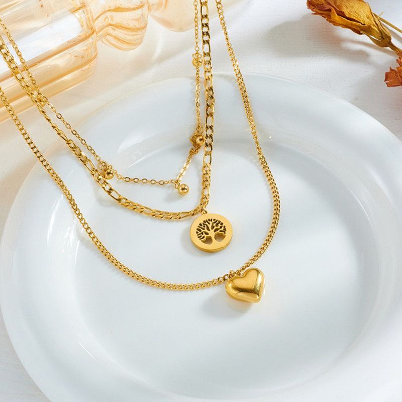 Three-Tier Layered Tree of Life Heart-Shaped Titanium Steel Necklace: 18K Gold-Plated Collar Chain—A Simple, Elegant Cuban Chain Necklace for Women — image 4
