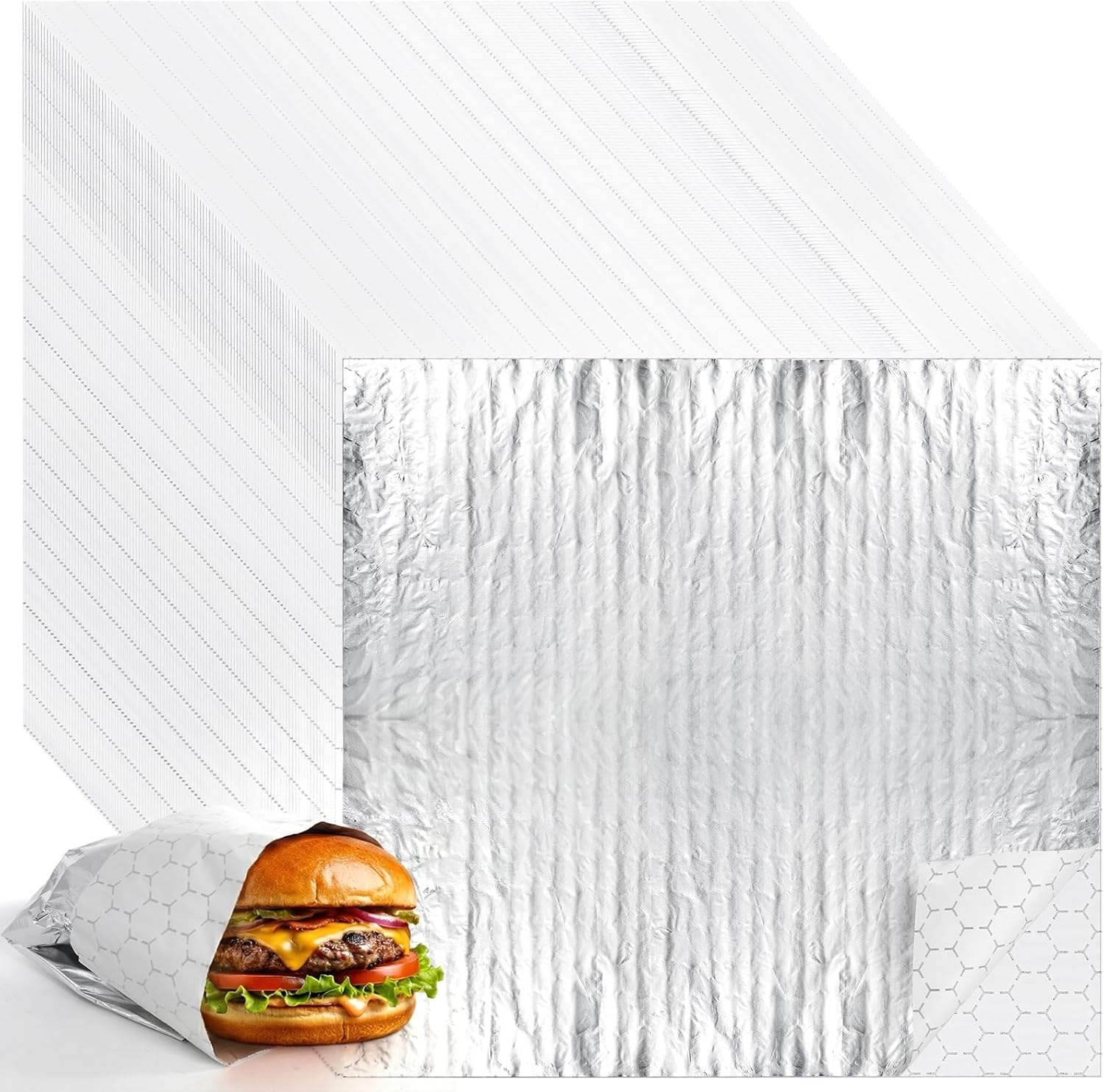 200 Pack Insulated Foil Sandwich Wrap Sheets, 12"x12" Pre-Cut Burger Wrapping Paper, Heat and Cold Insulation Aluminum Wrappers for Hot Dogs, Burritos, BBQ — image 3