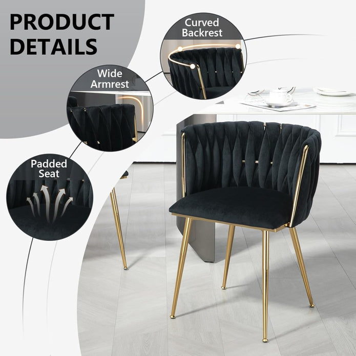 SERENITà Black Modern Hand Weaving Dining Chairs, Velvet Upholstered Side Chairs with Gold Legs, Chic Vanity Chairs with Armrest, Accent Chair for — image 3