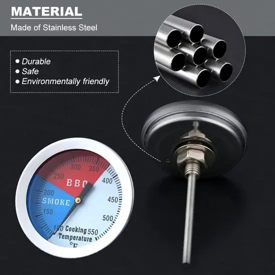 BBQ Grill Thermometer, Stainless Steel Large-Display Temperature Gauge for Smokers and Charcoal Grills, Silver, 52 mm — image 6