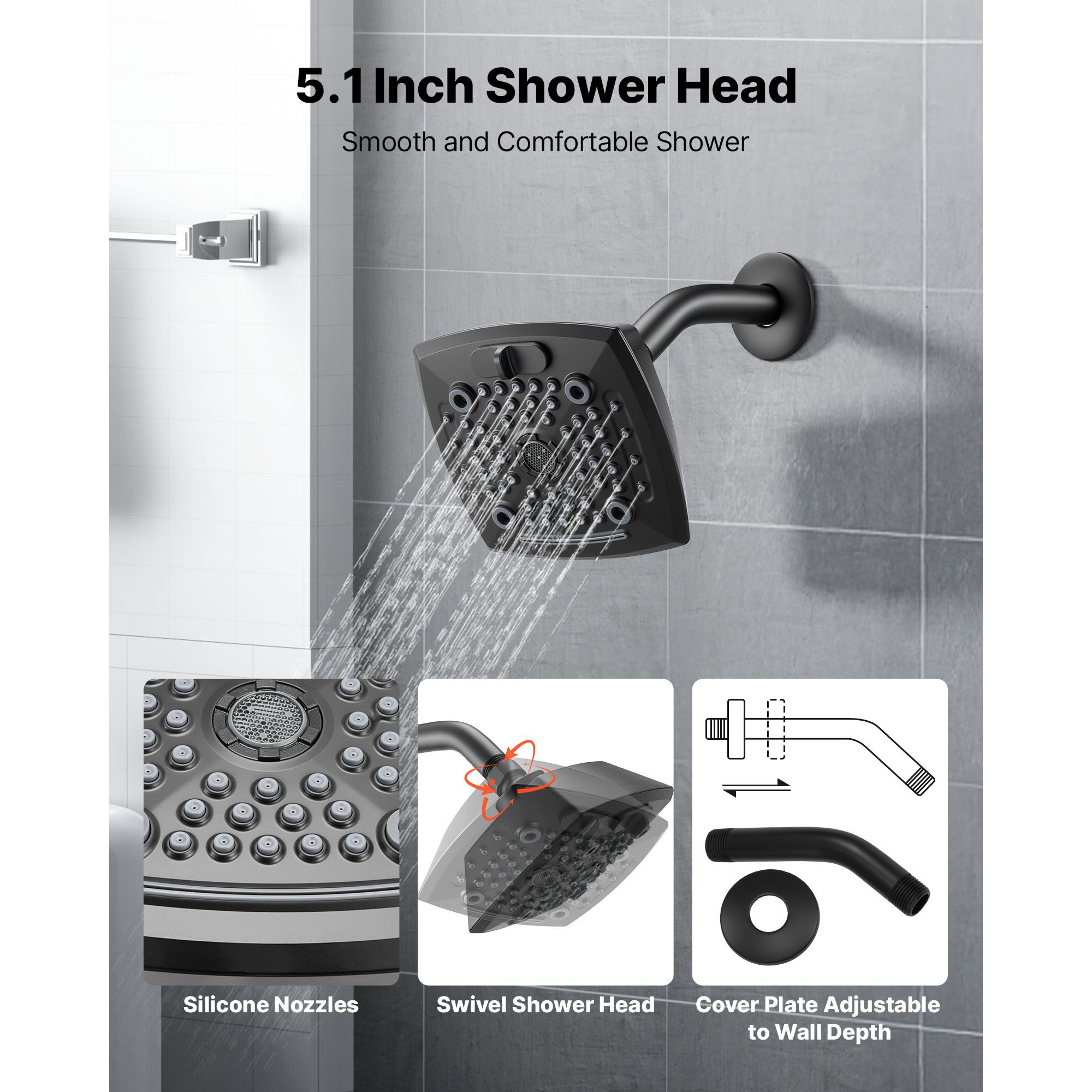 Tub and Shower Faucet Set, Complete with 130 mm Rainfall Shower Head and Bathtub Spout, 5-Setting Adjustable Spray, Single-Handle Tub Trim Kit with Brass — image 4