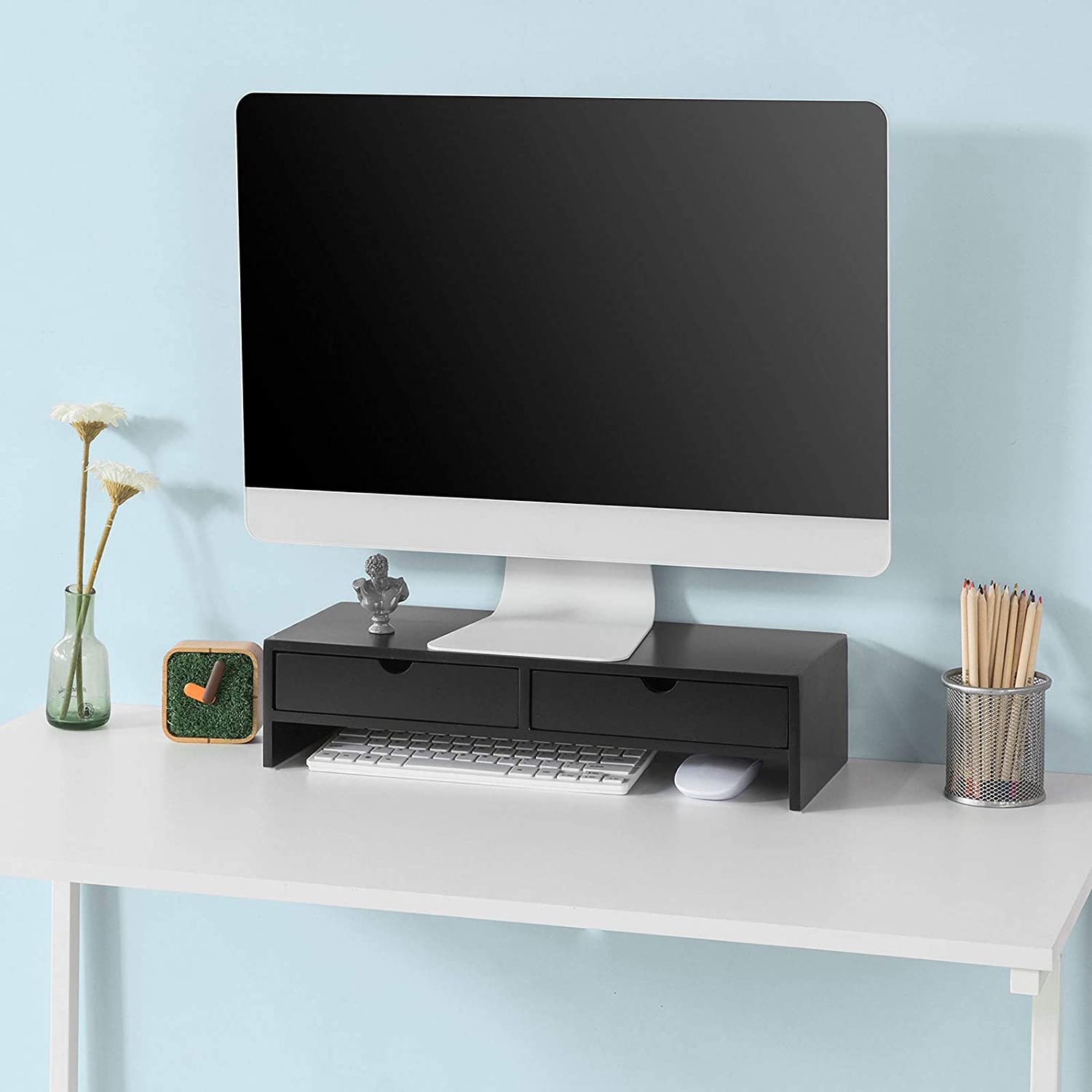 Black Monitor Stand Desk Organizer with 2 Drawers — image 2