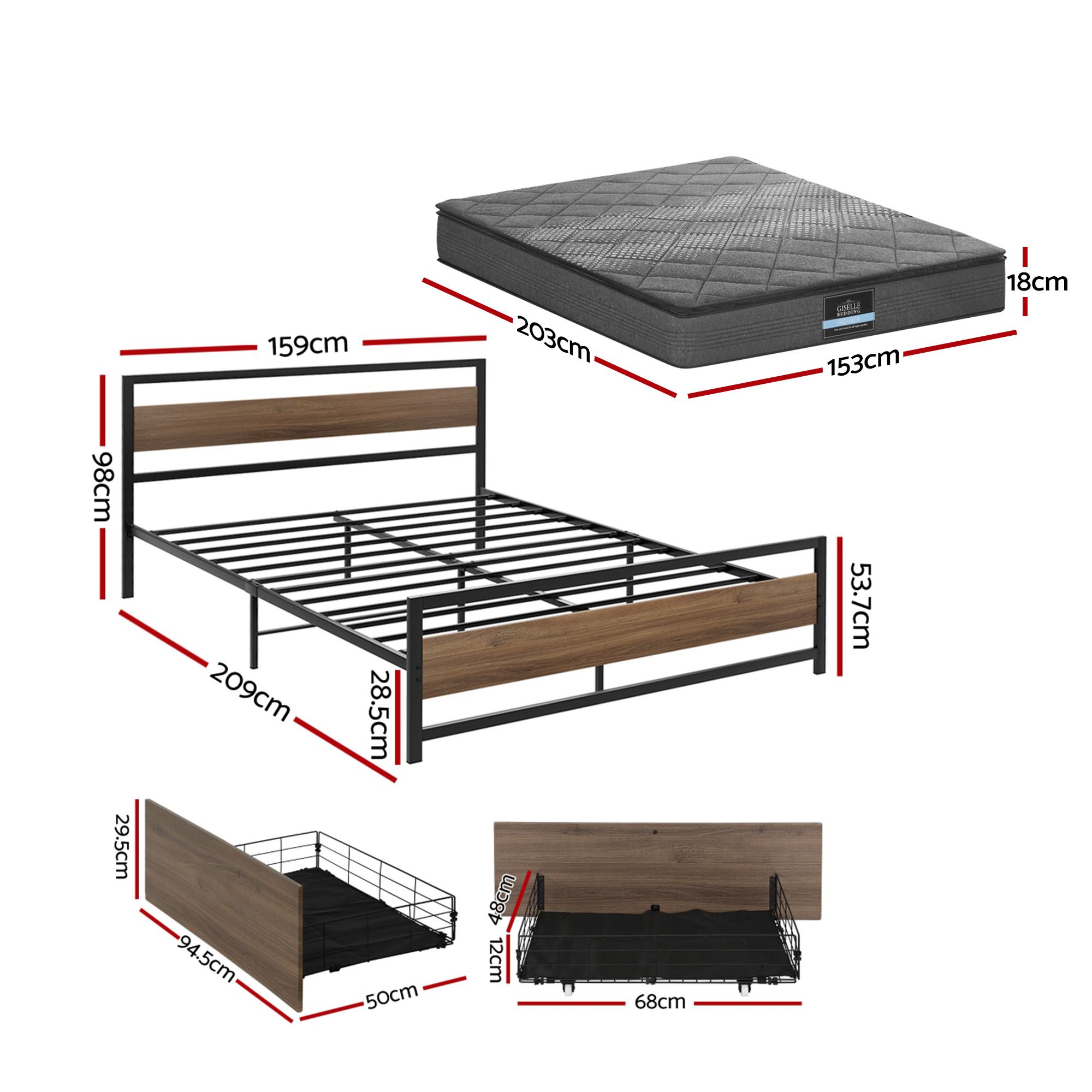 Giselle 18cm Queen Mattress Pillowtop and Artiss Metal Bed Frame Set With 2 drawers โ image 2