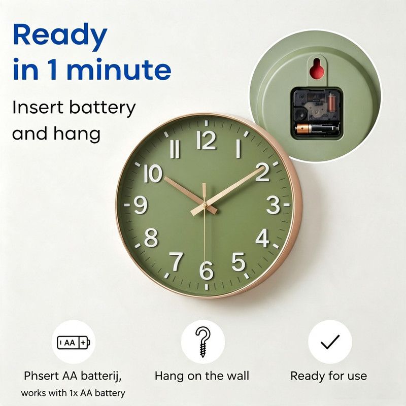 30 cm Modern Green Wall Clock with Rose Gold Frame, Silent Analog Quartz Movement — image 4