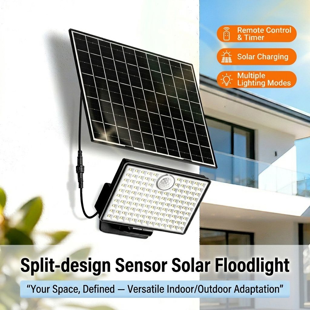 Split-Type Solar Powered Motion Sensor Floodlight with Detachable Panel, Dual Mounting Brackets, IP65 Waterproof, 6500K Cool White or 3000K Warm White Options