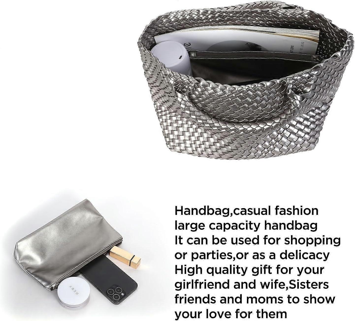 Woven Tote Bag for Women Soft Leather Handbag with Pocket โ image 4