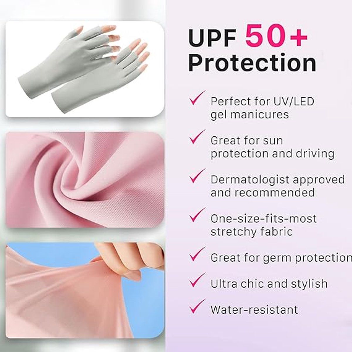 2 Pairs of UV, fingerless summer gloves for women, driving gloves with sunscreen, touchscreen mittens and half fingers, pink โ image 2