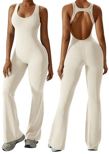 Women's Cut-out Back Flared Jumpsuit, Gym, Workout and Loungewear, S (beige)