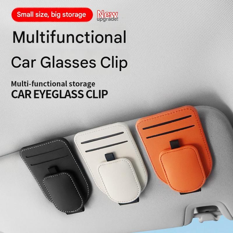 Black Car Sun Visor Eyeglasses Holder Magnetic Glasses Clip with Card Storage Multifunction Auto Sunglasses Organizer PVC Leather Interior Accessory โ image 2