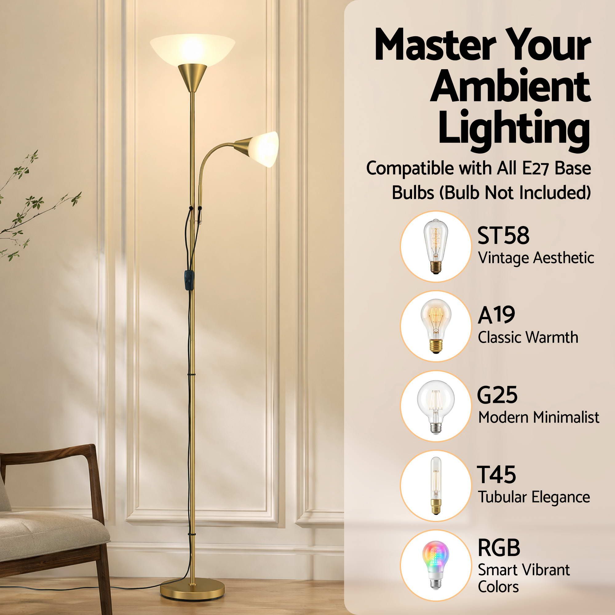 Artiss Gold Floor Lamp with Reading Light | Mother and Child Standing Lamp with 360 Flexible Gooseneck, Individual Switch & Plate Shade, E27 & E14 Bulb (Not — image 5